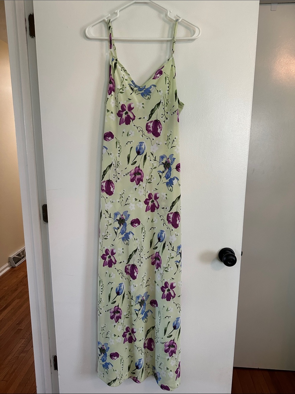 Express Light Green Floral Maxi Dress with Purple & Blue Blooms